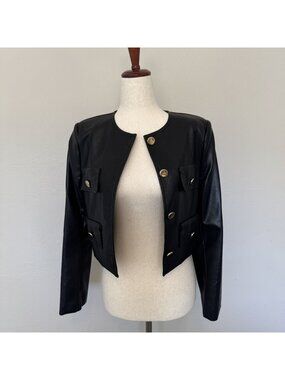Line & Dot Sonny Black Vegan Faux Leather Crop Jacket Gold Buttons NWT XS
